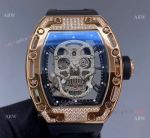 Higher Quality Rose Gold Richard Mille Skull Watch With Diamonds Black Rubber Strap Replica 